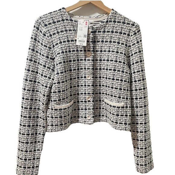 Uniqlo NWT Women’s Small Knitted Cropped Jacket Long Sleeve Black White - Picture 1 of 6